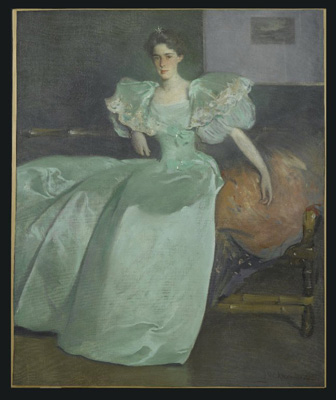 a painting of a woman in 19th century dress sitting on a couch
