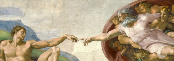God and Adam reaching their hands towards each other