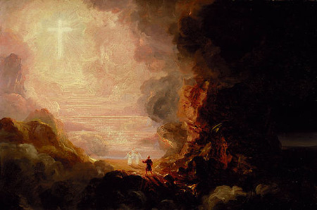 a man walks from a darkened area toward three bright figures surrounded by light, as a cross rises above them