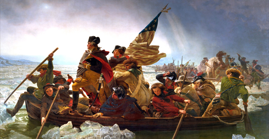 a painting of Genral Washington and his forces crossing the Delaware River waters with the American flag in the air.