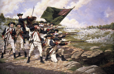 a painting of American soldiers in battle