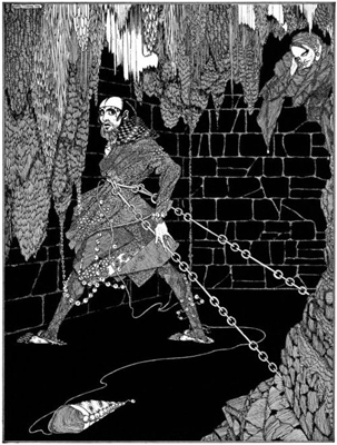 Fortunato chained to the granite of the crypt while Montresor builds the wall in the background.