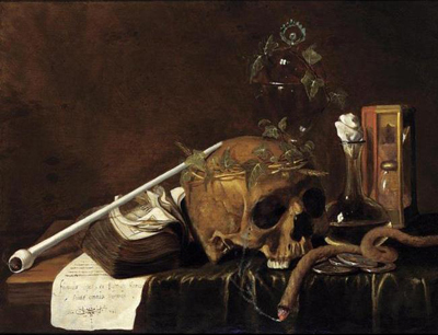 a painting of a wine bottle on a table with a skull, book, pipe, and hourglass.