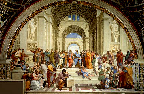 a painting of philosophers and writers from ancient Greece discussing and debating ideas