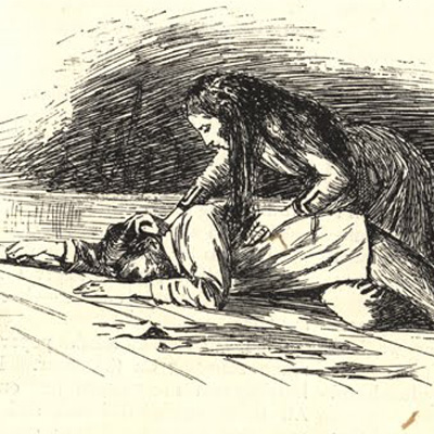 a drawing of a woman crawling over a man lying on the floor