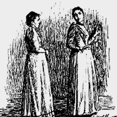 a drawing of two women, one with her hand on a wall