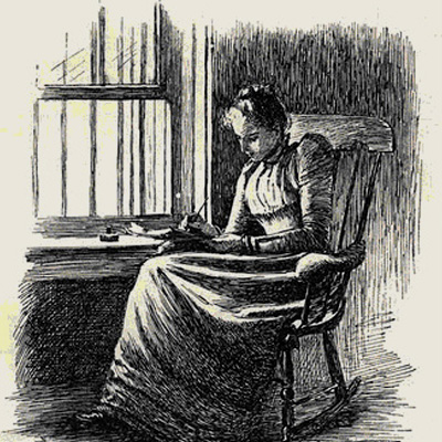a drawing of a woman sitting by a window and writing