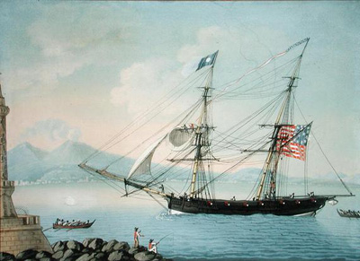 a ship with an American flag arriving at a harbor