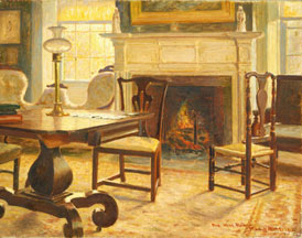 a parlor with a fire burning in the fireplace