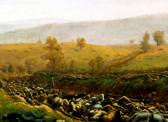 a painting of a trench filled with casualties from a Civil War battle