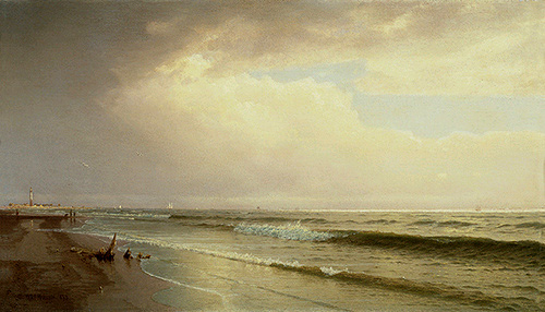 a painting of the shore in daylight with a lighthouse in the distance