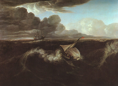 a painting of survivors in a small boat during a storm at sea with a large ship in the far background