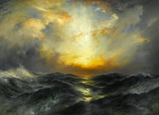 a painting of the sunset against dark ocean waves