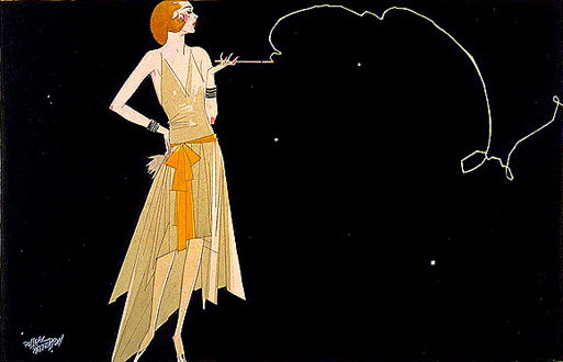 a young woman in a gold dress casually holding an old-fashioned cigarette