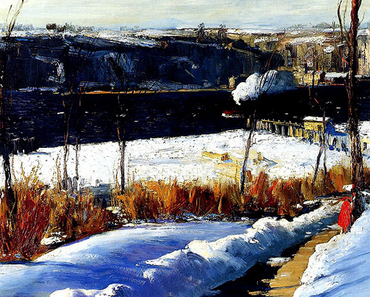 snow beginning to melt on a field with a town in the background