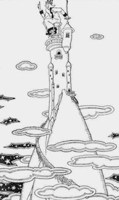 a line drawing of a man sitting on a chair on top of a tall tower atop a hill