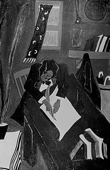cubist painting of a man sitting at a desk and writing