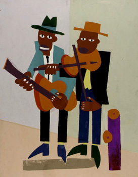 cubist painting of two African American musicians, one playing a guitar and the other a violin