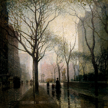 a painting of a nearly empty park at dusk