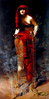 a painting of an oracle in a red cloak, breathing the mystic vapors of the temple