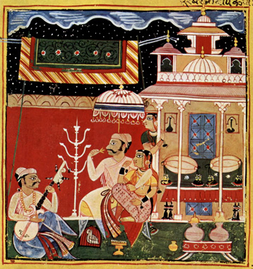 a classical Indian painting of musicians performing raga music
