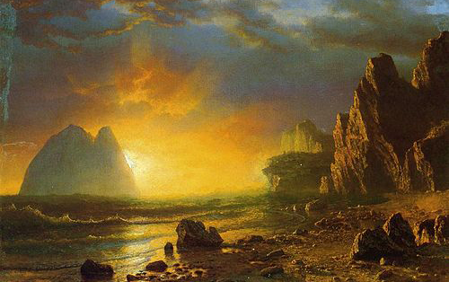 a painting of a beach with the sun setting over the water